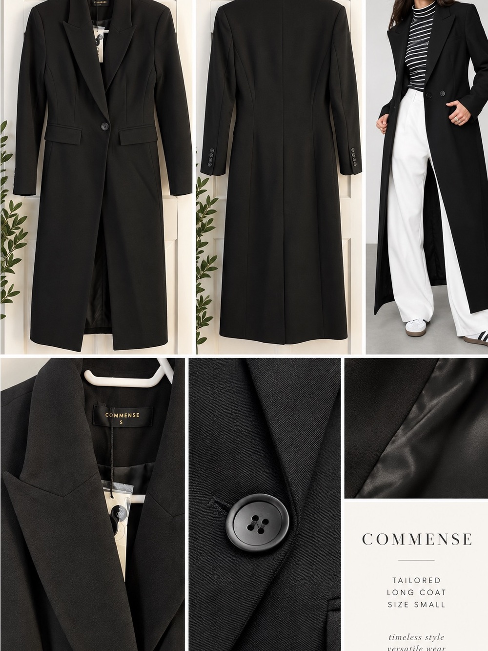 Commense Black Tailored Long Trench Coat